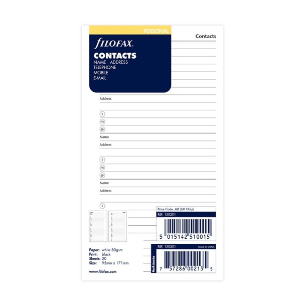 Filofax Refill Personal Telefonregister - Contacts