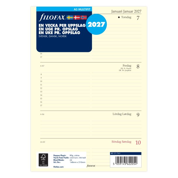 Filofax Refill Ugekalender Horisontal A5 2027