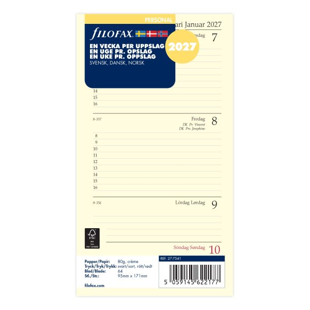Filofax Refill Ugekalender Horisontal Personal 2027