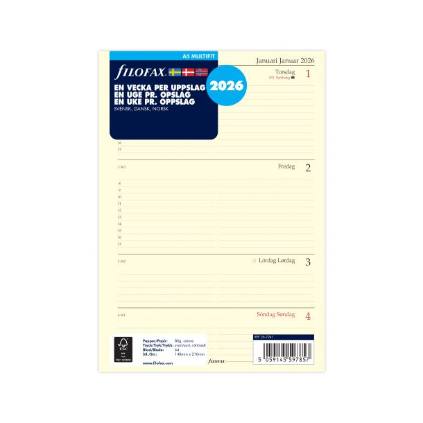 Filofax Refill Ugekalender Horisontal A5 2026