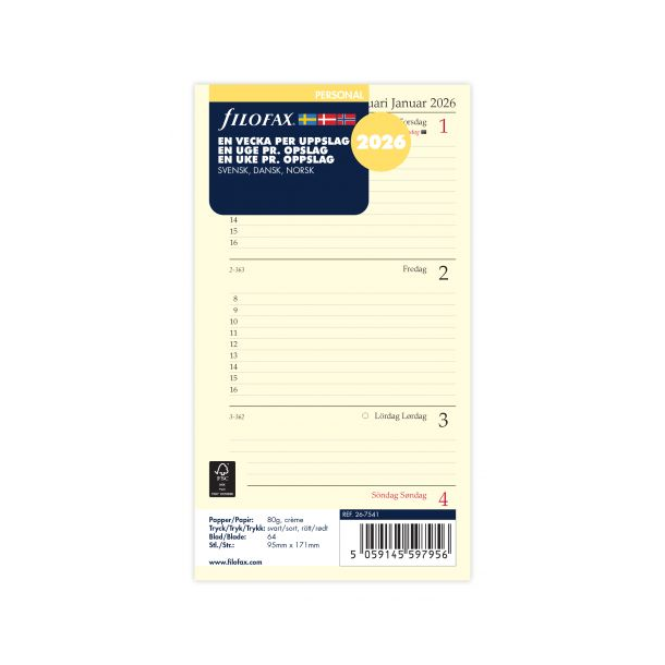 Filofax Refill Ugekalender Horisontal Personal 2026