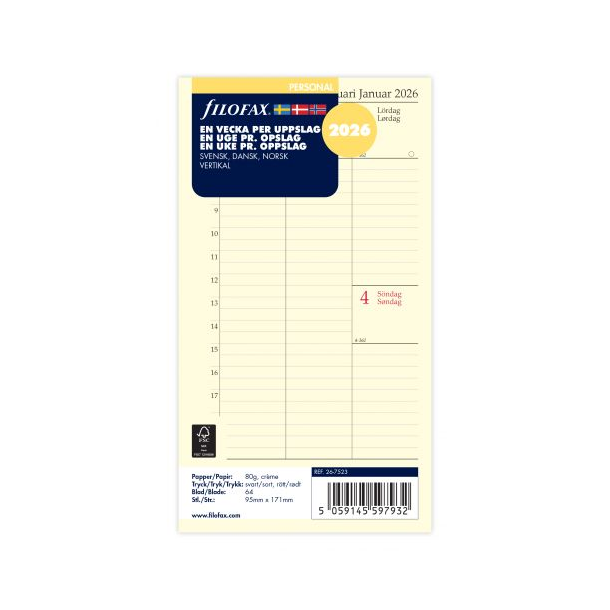 Filofax Refill Ugekalender Vertikal Personal 2026