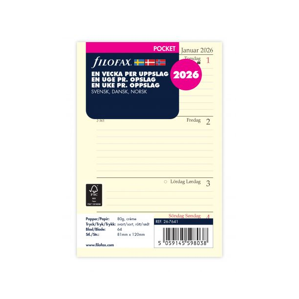 Filofax Refill Ugekalender Horisintal Pocket 2026
