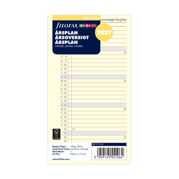 Filofax Refill �rsplan Personal 2027